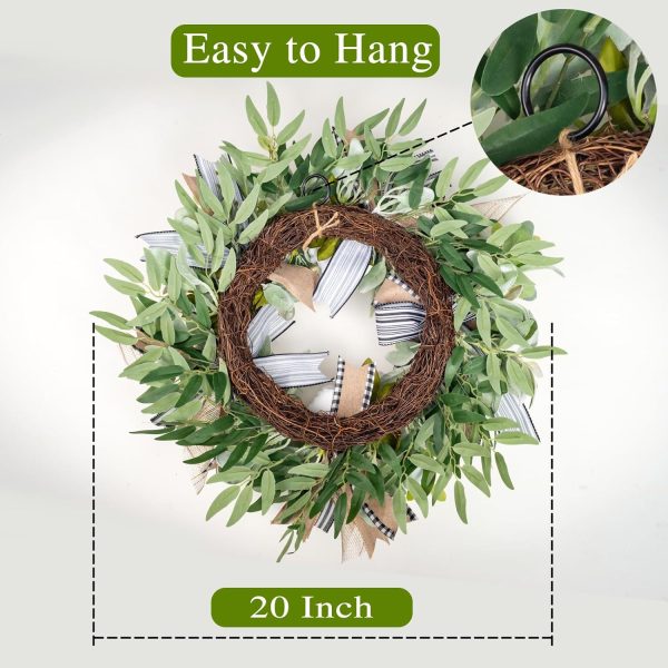 WREATHOME Lambs Ear Wreaths for Farmhouse Front Door Outside Year Round | 20'' Artificial Spring Summer Fall Winter Wreath with Peony Buffalo Bow Green Handmade Everyday Home Decor