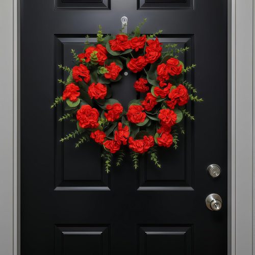 CT0439844JS_1 Red Artificial Geranium Wreath, 22 Inch Spring Summer Wreaths for Front Door with Blessed Hanging Sign, for Rustic Farmhouse Decor for Entryway, Porch, Balcony Decor