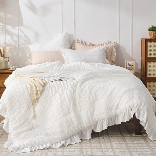 CT0439957JS_1 JOLLYVOGUE White Comforters Queen Size, 3 Pieces Ruffle Seersucker Queen Comforter Set for All Season, Lightweight Soft Shabby Chic Bedding Sets for Women(1 Comforter, 2 Pillowshams)