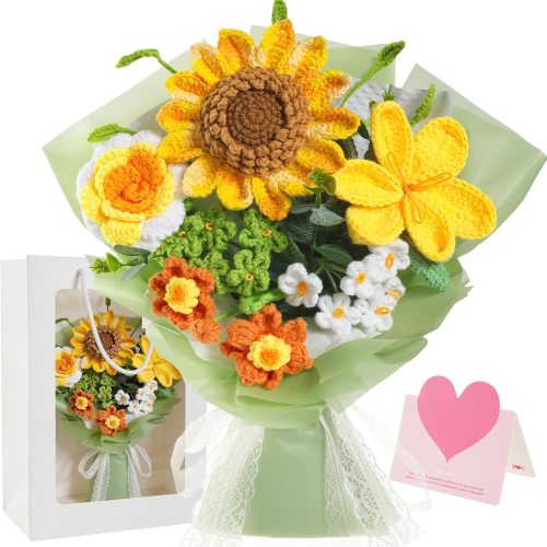 Crochet Flower Bouquet,Yellow Sunflower Bouquet with Card/Bag | Handmade knitted bouquet, ideal gift for Mother's Day, Teacher, Birthday, Graduation, Women, Wife