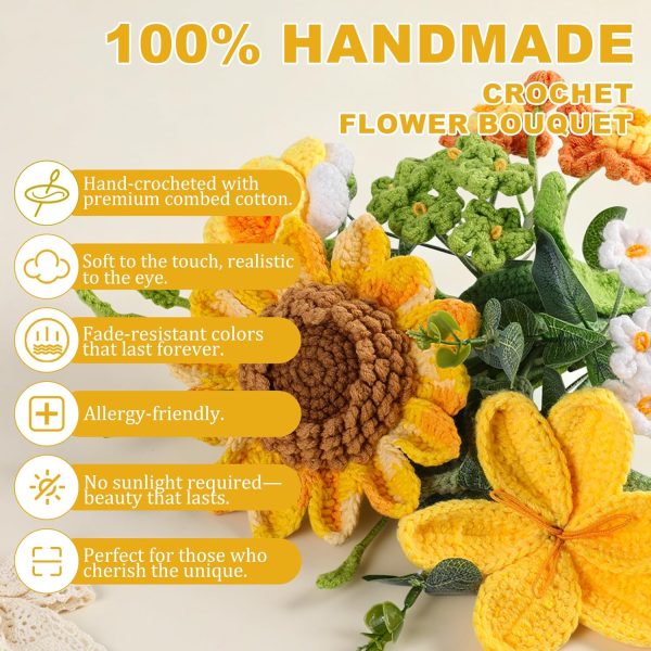 Crochet Flower Bouquet,Yellow Sunflower Bouquet with Card/Bag | Handmade knitted bouquet, ideal gift for Mother's Day, Teacher, Birthday, Graduation, Women, Wife