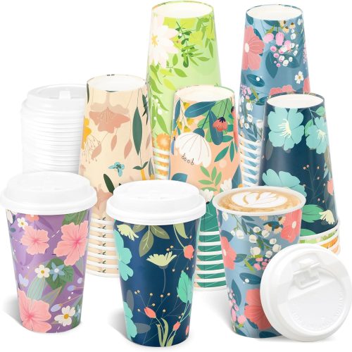 CT0506-CPS-69GT_1 Disposable Paper Cup 16 oz 48-piece Coffee Cups with Lids, 6 Spring Floral Design Drinking Paper Cups for Floral Themed Birthday Party Bridal, Wedding, Tea Party, Baby Shower