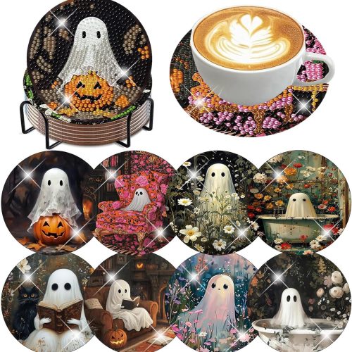 8 Pcs Halloween Diamond Art Coasters Kits for Adults (Cork Wooden Pad) | Halloween Diamond Painting Coasters Kit with Holder, DIY Ghost Diamonds Art Non Slip Coaster Crafts Kits Gifts 4x4 inch