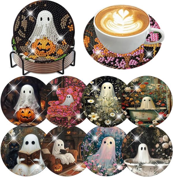 8 Pcs Halloween Diamond Art Coasters Kits for Adults (Cork Wooden Pad) | Halloween Diamond Painting Coasters Kit with Holder, DIY Ghost Diamonds Art Non Slip Coaster Crafts Kits Gifts 4x4 inch