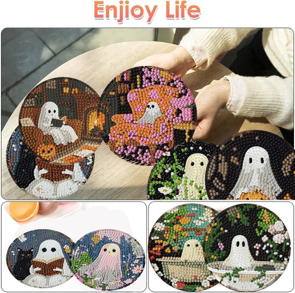 8 Pcs Halloween Diamond Art Coasters Kits for Adults (Cork Wooden Pad) | Halloween Diamond Painting Coasters Kit with Holder, DIY Ghost Diamonds Art Non Slip Coaster Crafts Kits Gifts 4x4 inch