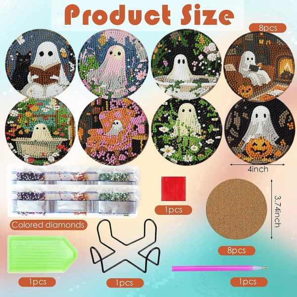 8 Pcs Halloween Diamond Art Coasters Kits for Adults (Cork Wooden Pad) | Halloween Diamond Painting Coasters Kit with Holder, DIY Ghost Diamonds Art Non Slip Coaster Crafts Kits Gifts 4x4 inch