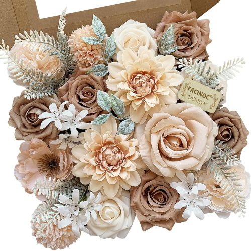 CT0508-WA-288GT_1 FACINOC Roses Artificial Flowers Nude Fake Flower for DIY Wedding Bouquet Bridal Baby Shower Decorations Party Table Centerpieces Cake Decorating Silk Floral Arrangement Home Decor Indoor Beige
