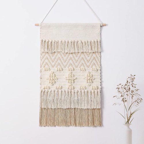 CT0508-WA-60GT_1 Dremisland Macrame Woven Wall Hanging Home Decor Bohemian Beige Geometric Wave Art Decor with Wool Ball and Tassle-Elegant Apartment Bedroom Dorm Room Door Decoration, 15.7" W x 22" L (Beige Wool Ball)