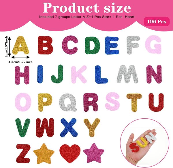 196 Pcs Foam Letters Stickers Glitter, 1.5 inch Self-Adhesive Foam Stickers Colorful A-Z Letter Heart Star Foams Sticker Glitter Foams Alphabet Sticker for Art Crafts DIY (A-Z+Heart+Star)