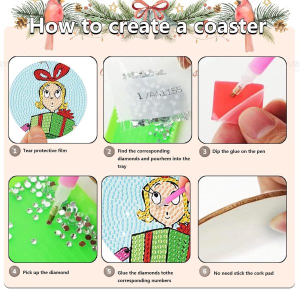 CT0519-DPK-42GT_3 Denylo pro 8 P cs Christmas Diamond Coasters Kits with DIY Christmas Diamond Art Coaster Non Slip Coaster for Adults Xmas Holiday Gift