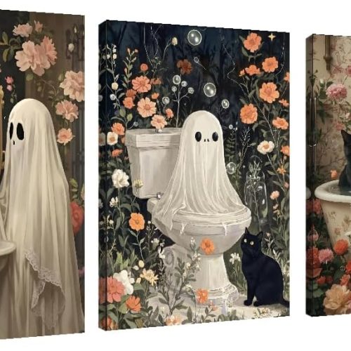Mrnsiet 3 Pack Ghost Paint by Numbers Kit for Adults, Halloween Ghost Adult Paint by Number Kits on Canvas, Acrylic Bathroom Easy Paint by Numbers for Gift Home Decor 12x16 Inch