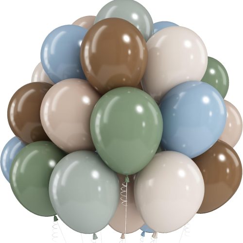 Sage Green Blue Brown Balloons, 60PCS Dinosaur Safari Dusty Blue Olive Green Coffee Beige Eucalyptus Latex Balloon Jungle Hunting Balloons for Woodland Dino Boho Baby Shower Birthday Party Decorations