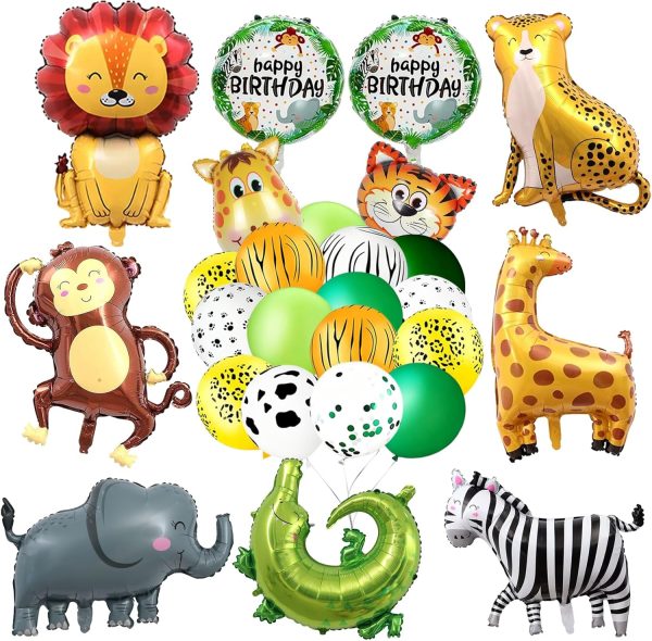 CT0524-FAB-11GT_1 86-Pcs Jungle Safari Animal Balloons for Birthday Party Decorations | Foil & Latex, Zebra, Elephant, Monkey, Leopard, Giraffe, Lion, Tiger, Crocodile for Baby Shower,Wild One Birthday Decorations