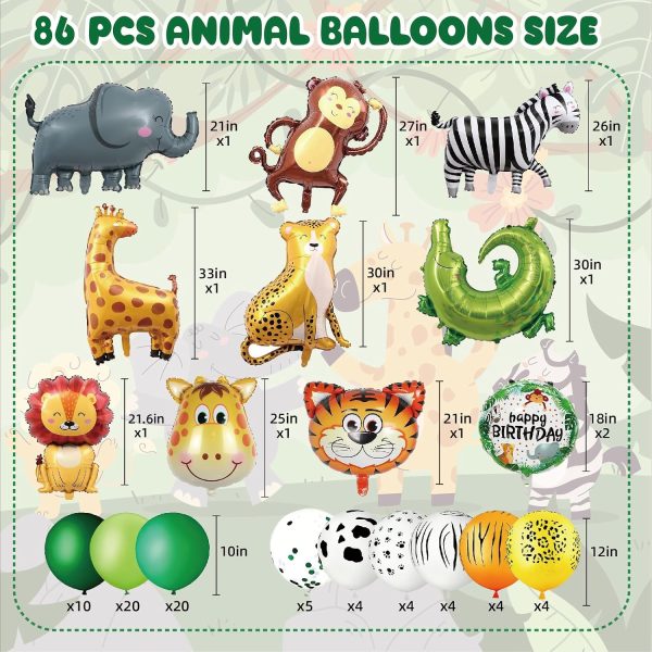 CT0524-FAB-11GT_2 86-Pcs Jungle Safari Animal Balloons for Birthday Party Decorations | Foil & Latex, Zebra, Elephant, Monkey, Leopard, Giraffe, Lion, Tiger, Crocodile for Baby Shower,Wild One Birthday Decorations