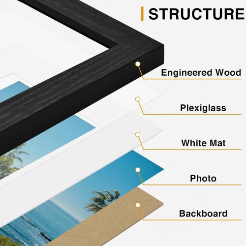 Vittanly 8x10 Picture Frames Set of 9, Shatter Resistant Plexiglass, Display 5x7 Pictures with Mat or 8x10 without Mat, Photo Frames for Wall or Tabletop, Engineered Wood, Black