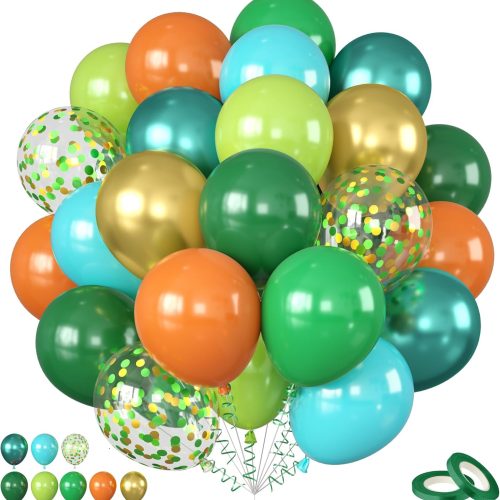 CT0525-DPKT-84GT_1 Dinosaur Balloons, 12 Inch Dark Green Teal and Orange Balloons, Metallic Gold Fruit Green Gold Confetti Balloon with Ribbons for Boys Baby Shower Jungle Safari Birthday Party Decorations