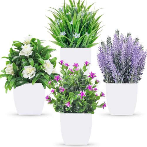 Der Rose 4 Pack Small Fake Plants with Flowers, Bathroom Desk Decor Indoor | UV-resistant fake flowers, varied bloom styles in white pots, for desk shelf bathroom office and spring classroom decor