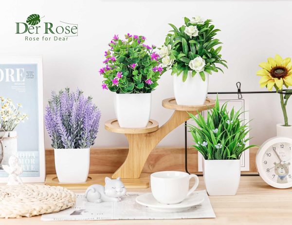 CT0528-PCS-170GT_2 Der Rose 4 Pack Small Fake Plants with Flowers, Bathroom Desk Decor Indoor | UV-resistant fake flowers, varied bloom styles in white pots, for desk shelf bathroom office and spring classroom decor