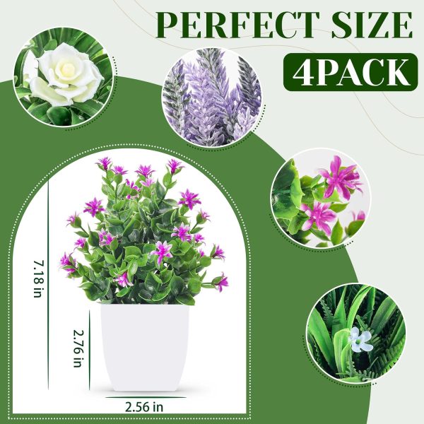 CT0528-PCS-170GT_3 Der Rose 4 Pack Small Fake Plants with Flowers, Bathroom Desk Decor Indoor | UV-resistant fake flowers, varied bloom styles in white pots, for desk shelf bathroom office and spring classroom decor