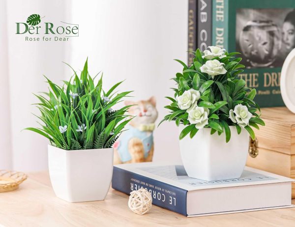 CT0528-PCS-170GT_4 Der Rose 4 Pack Small Fake Plants with Flowers, Bathroom Desk Decor Indoor | UV-resistant fake flowers, varied bloom styles in white pots, for desk shelf bathroom office and spring classroom decor