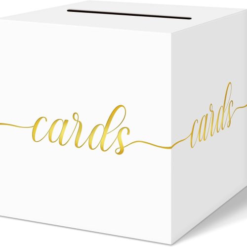 CT0529-SMR-111GT_1 QIKSION White Wedding Card Box, Gold Foil Gift Card Box for Party, Wedding Reception, Birthday, Graduation Decorations, Baby & Bridal Shower, Anniversary, Retirement