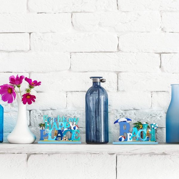 Blulu 2 Pcs Beach Table Signs Ocean Wood Table Decorations Beach Is My Happy Place Sign Under The Sea Animal Coastal Tabletop Centerpieces Nautical Block for Summer Tiered Tray Hawaiian Luau Party