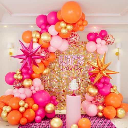 CT0530-HAW-119GT_1 Pink Orange Balloon Garland Arch Kit, 146pcs Hot Pink Orange Metallic Gold Latex Balloons with Exploding Star Foil Balloons for Birthday Summer Tropical Wedding Party Decorations