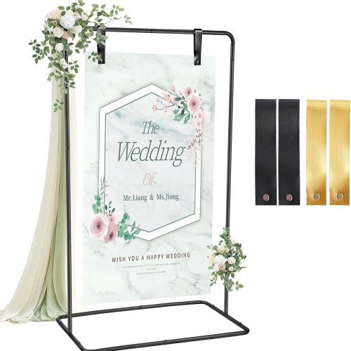 CT0531-ILY-11GT_1 ParseBio Wedding Sign Holder, 68”x31”x 20” Adjustable Black Welcome Sign Stand with Leather Sign Hanging Straps, Sign Rack,Heavy Duty Easel for Valentines Day, Wedding Seating Chart Stand