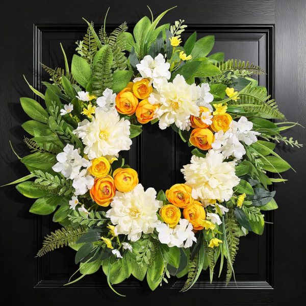 24'' Wreaths for Front Door, Porch, Farmhouse Decor - Summer Wreath with Peony Ranunculus for Window Wall Home Decor All Seasons - Yellow & White