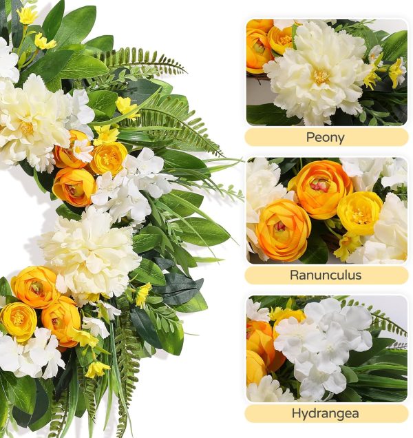 24'' Wreaths for Front Door, Porch, Farmhouse Decor - Summer Wreath with Peony Ranunculus for Window Wall Home Decor All Seasons - Yellow & White