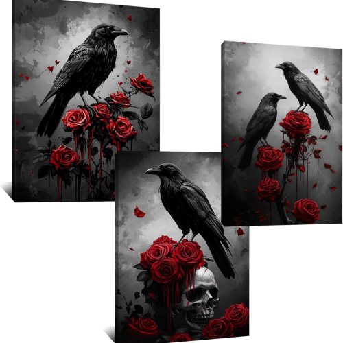 Kalormore Raven with Red Rose Painting Dark Academia Crow and Skull Wall Artwork Retro Art Gothic Decor Halloween Canvas Wall Poster 12"X16"X3PCS