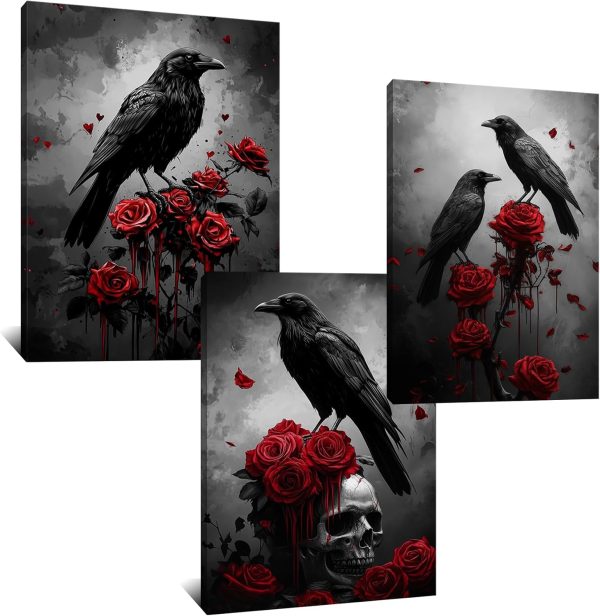 Kalormore Raven with Red Rose Painting Dark Academia Crow and Skull Wall Artwork Retro Art Gothic Decor Halloween Canvas Wall Poster 12"X16"X3PCS