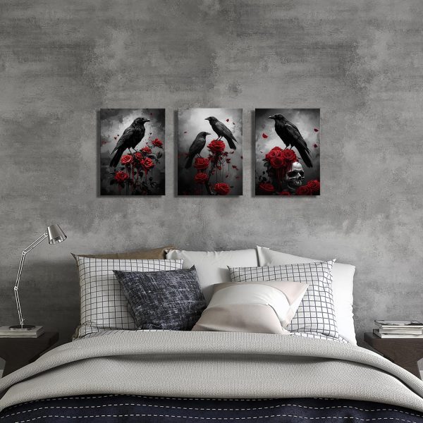 Kalormore Raven with Red Rose Painting Dark Academia Crow and Skull Wall Artwork Retro Art Gothic Decor Halloween Canvas Wall Poster 12"X16"X3PCS