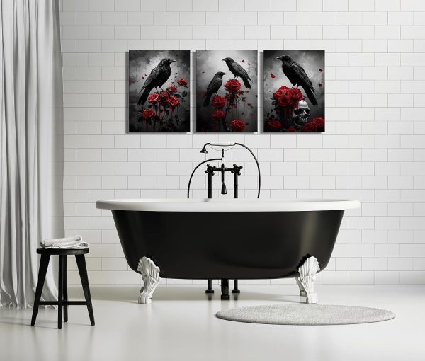 Kalormore Raven with Red Rose Painting Dark Academia Crow and Skull Wall Artwork Retro Art Gothic Decor Halloween Canvas Wall Poster 12"X16"X3PCS