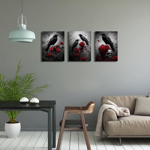 Kalormore Raven with Red Rose Painting Dark Academia Crow and Skull Wall Artwork Retro Art Gothic Decor Halloween Canvas Wall Poster 12"X16"X3PCS