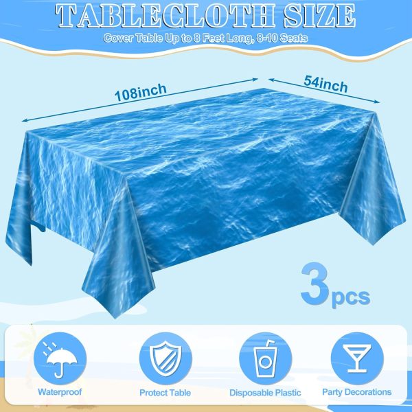 CT0611-SMR-218GT_2 3 Pack Ocean Waves Plastic Tablecloth, Disposable Water Print Table Cloths | Pe Plastic, Waterproof Surface, 54×108In Fit Most Rectangular Tables, Easy Wipe Clean, Beach Pool Under The Sea Party Decor