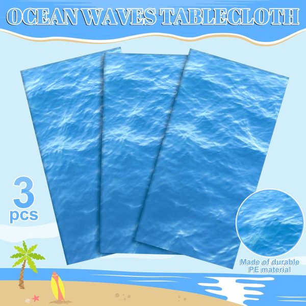 CT0611-SMR-218GT_3 3 Pack Ocean Waves Plastic Tablecloth, Disposable Water Print Table Cloths | Pe Plastic, Waterproof Surface, 54×108In Fit Most Rectangular Tables, Easy Wipe Clean, Beach Pool Under The Sea Party Decor