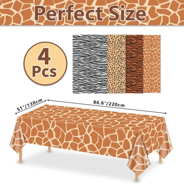 4Pcs Animal Print Table Cloths, Jungle Animal Theme Table Cover, Rectangular Leopard Tiger Zebra Giraffe Jungle Tablecloth for Zoo Safari Baby Showers Jungle Theme Birthday Decorations, 51x 86 Inch
