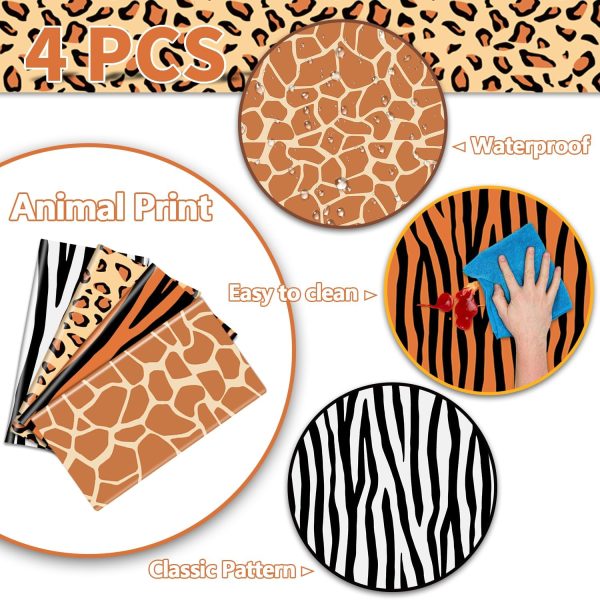 4Pcs Animal Print Table Cloths, Jungle Animal Theme Table Cover, Rectangular Leopard Tiger Zebra Giraffe Jungle Tablecloth for Zoo Safari Baby Showers Jungle Theme Birthday Decorations, 51x 86 Inch