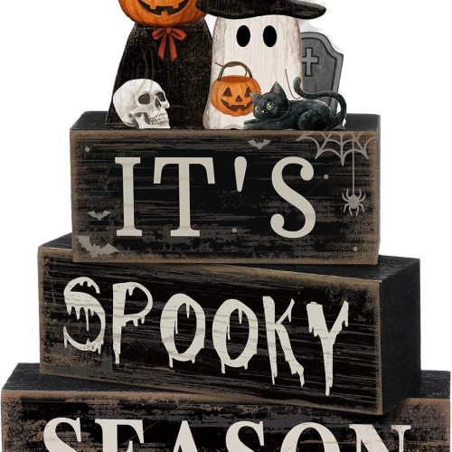 Moucuny 4 Pcs Halloween Table Decoration Pumpkin Ghost Wooden Stacked Block Decor, "It's Spooky Season" Centerpiece Signs, Rustic Gothic Halloween Tiered Tray Decoration for Home Office Kitchen Shelf