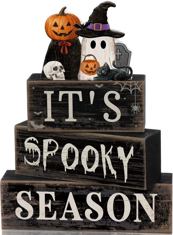 Moucuny 4 Pcs Halloween Table Decoration Pumpkin Ghost Wooden Stacked Block Decor, "It's Spooky Season" Centerpiece Signs, Rustic Gothic Halloween Tiered Tray Decoration for Home Office Kitchen Shelf
