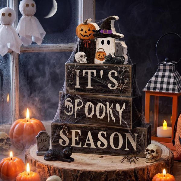 Moucuny 4 Pcs Halloween Table Decoration Pumpkin Ghost Wooden Stacked Block Decor, "It's Spooky Season" Centerpiece Signs, Rustic Gothic Halloween Tiered Tray Decoration for Home Office Kitchen Shelf