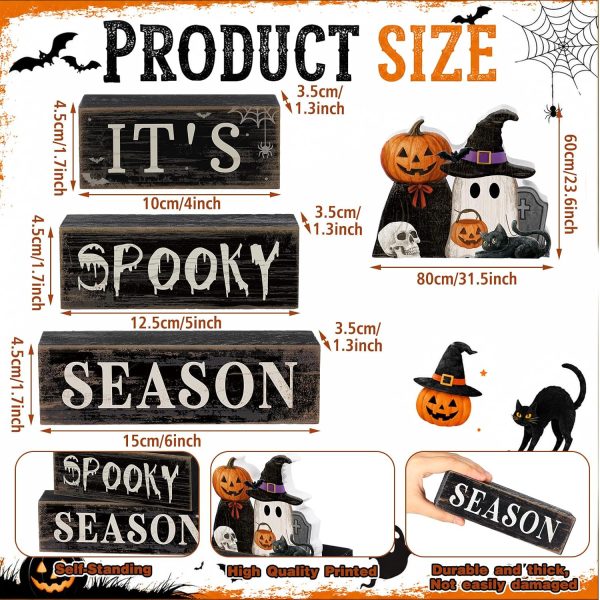 Moucuny 4 Pcs Halloween Table Decoration Pumpkin Ghost Wooden Stacked Block Decor, "It's Spooky Season" Centerpiece Signs, Rustic Gothic Halloween Tiered Tray Decoration for Home Office Kitchen Shelf