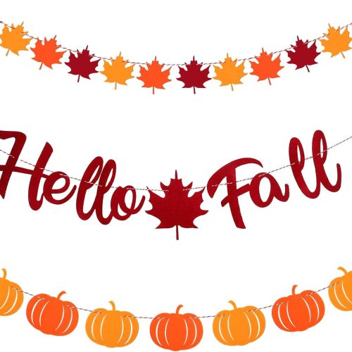3 Pcs Hello Fall Banners - Thanksgiving Decoration with Autumn Pumpkins, Maple Leaves, Garlands, Mantel Bunting, Harvest Banners for Fireplace, Outdoors, Indoors, Party Hanging, Celebrations