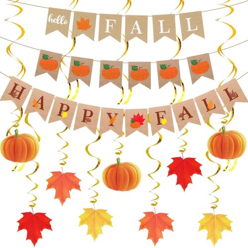 MARFOREVER Fall Thanksgiving Day Hanging Decorations, Thanksgiving Pumpkin Maple Leaf Hanging Swirls Happy Fall Banner Set for Thanksgiving Day Autumn Classroom Office Home Party Supplies Decor
