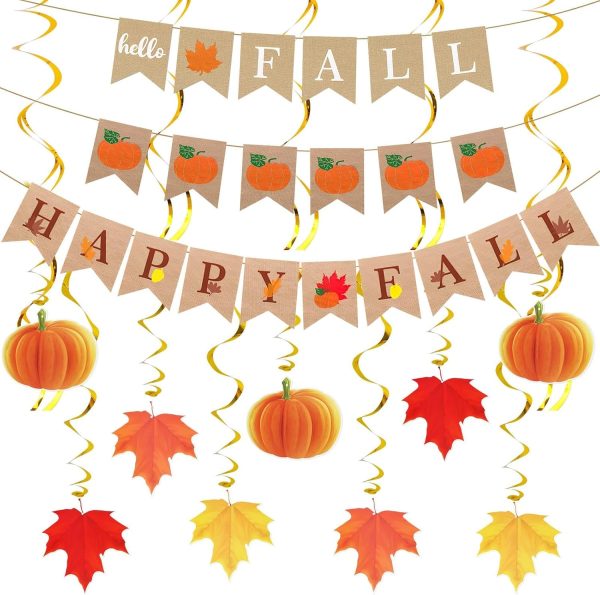 MARFOREVER Fall Thanksgiving Day Hanging Decorations, Thanksgiving Pumpkin Maple Leaf Hanging Swirls Happy Fall Banner Set for Thanksgiving Day Autumn Classroom Office Home Party Supplies Decor