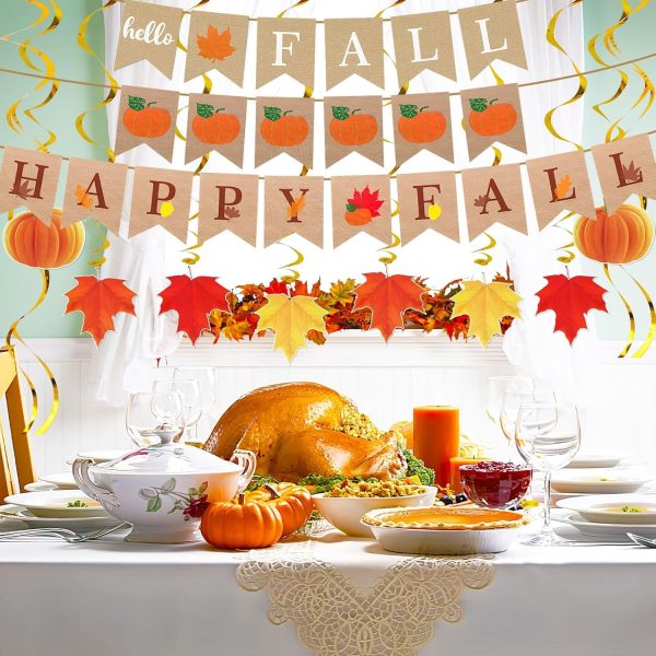 MARFOREVER Fall Thanksgiving Day Hanging Decorations, Thanksgiving Pumpkin Maple Leaf Hanging Swirls Happy Fall Banner Set for Thanksgiving Day Autumn Classroom Office Home Party Supplies Decor