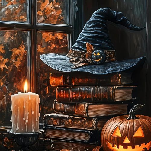 AuraDraw Witch Hat Diamond Art Kits for Adults, Halloween Book Diamond Painting Kits for Adults, Round Full Drill Diamonds for Home Decor-12x16inch