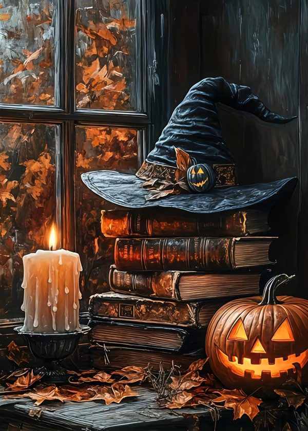 AuraDraw Witch Hat Diamond Art Kits for Adults, Halloween Book Diamond Painting Kits for Adults, Round Full Drill Diamonds for Home Decor-12x16inch