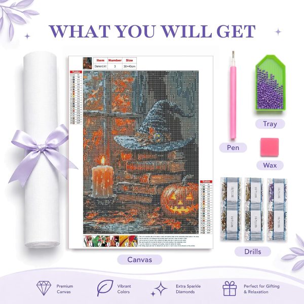 AuraDraw Witch Hat Diamond Art Kits for Adults, Halloween Book Diamond Painting Kits for Adults, Round Full Drill Diamonds for Home Decor-12x16inch